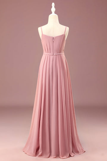 Dusty Rose A-line Spaghetti Straps Long Pleated Chiffon Junior Bridesmaid Dress